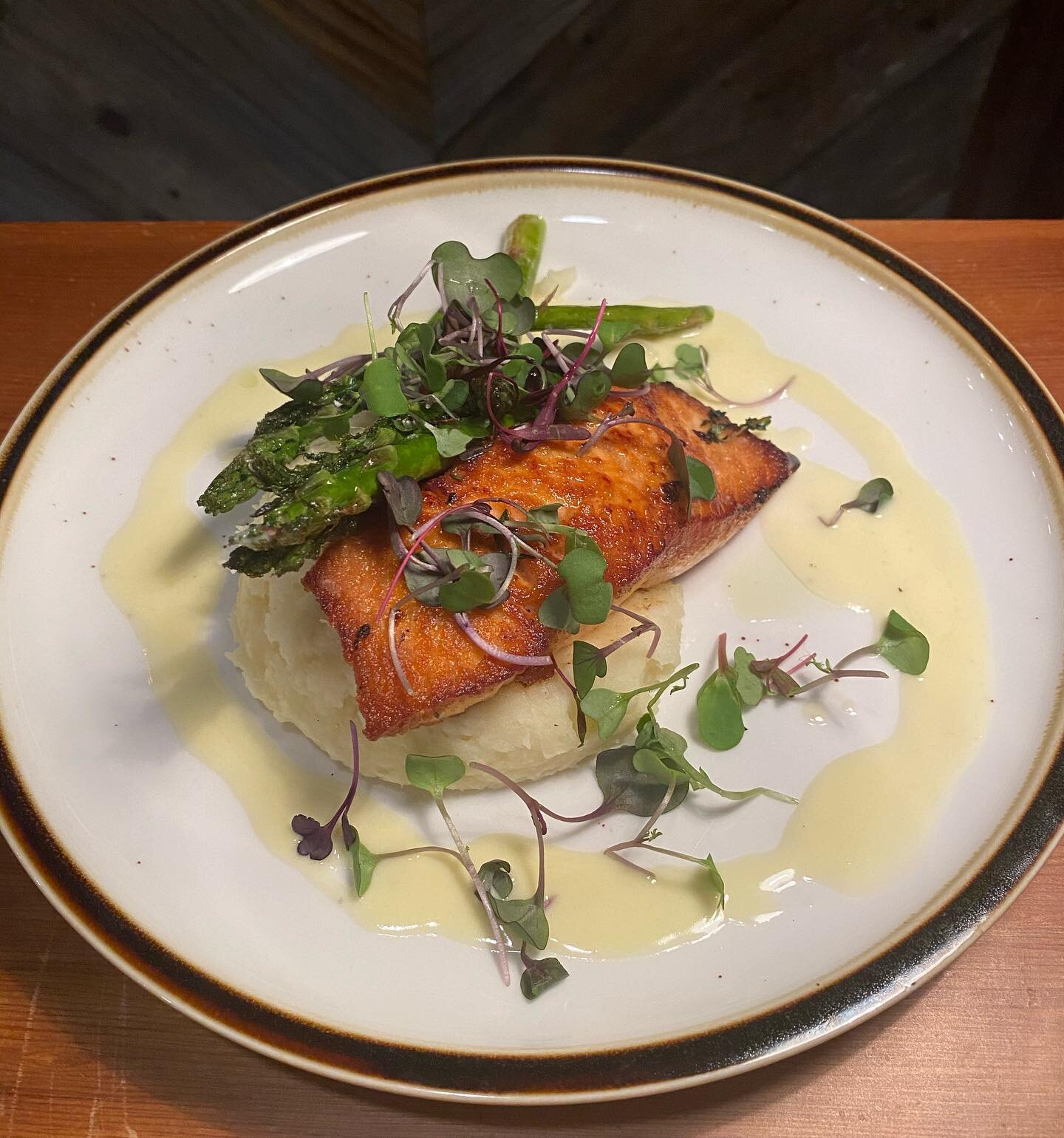 The catch of the day! Salmon with asparagus, mashed potatoes, and citrus butter!